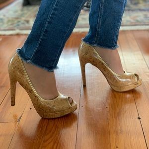 Cork Peep-Toe Platform Pumps